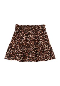 Jurk met luipaardprint en een geraffineerde tailleband, gelaagd ontwerp en een oranje en zwarte kleurenschema. Gemaakt van lichtgewicht stof.