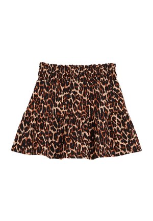 Leopard print skirt with a gathered waistband, tiered design, and an orange and black color scheme. Made from lightweight fabric.