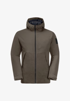 Ruskea hupullinen takki, jossa on etuvetoketju, kontrastoiva tumma vuori ja musta logopatchi ylä mancassa. Sileä rakenne ja muotoiltu design.