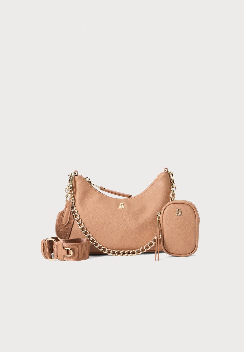 Tan shoulder bag made of textured synthetic material, featuring a gold chain accent, detachable pouch, and adjustable strap.