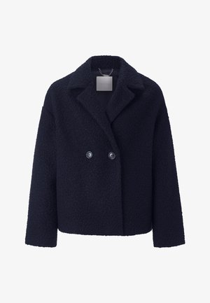 Navy blue double-breasted jacket made of textured fabric, featuring a notched collar and two buttons, with a chain detail on the label.
