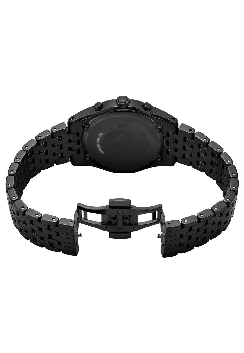 Orologio smartwatch nero con cassa rettangolare, cinturino nero testurizzato e chiusura a clip. Presenta manopole laterali e una finitura opaca liscia.