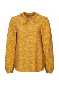 Yellow long-sleeve blouse with a ruffled collar and white leaf print. Features button closure and gathered cuffs. Lightweight fabric texture.