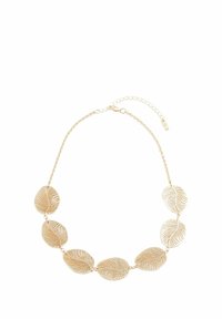 Gold necklace featuring leaf-shaped pendants with engraved lines, connected by a delicate chain, adjustable with a clasp and extension.