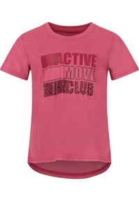 Lyserød kortærmet aktiv T-shirt med et grafisk print og teksten "ACTIVE MOVE CLUB" samt et leopardmønster nederst.