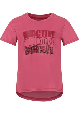 Lyserød kortærmet aktiv T-shirt med et grafisk print og teksten "ACTIVE MOVE CLUB" samt et leopardmønster nederst.