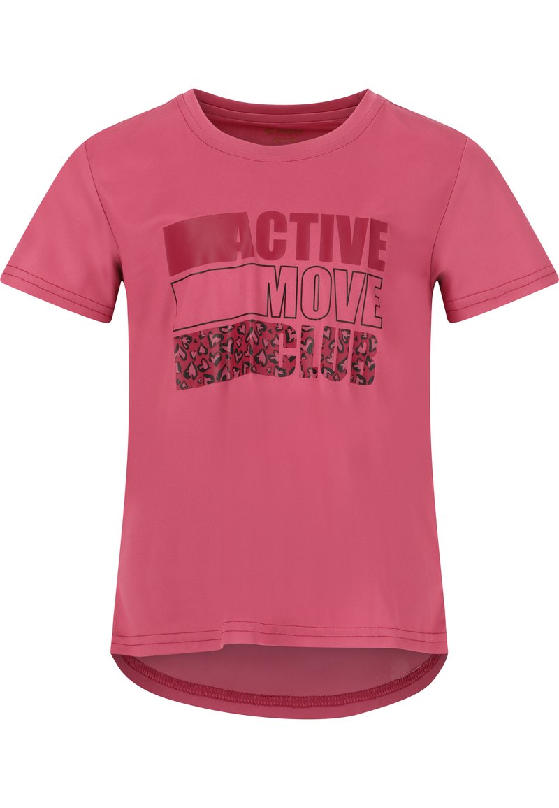 Lyserød kortærmet aktiv T-shirt med et grafisk print og teksten "ACTIVE MOVE CLUB" samt et leopardmønster nederst.