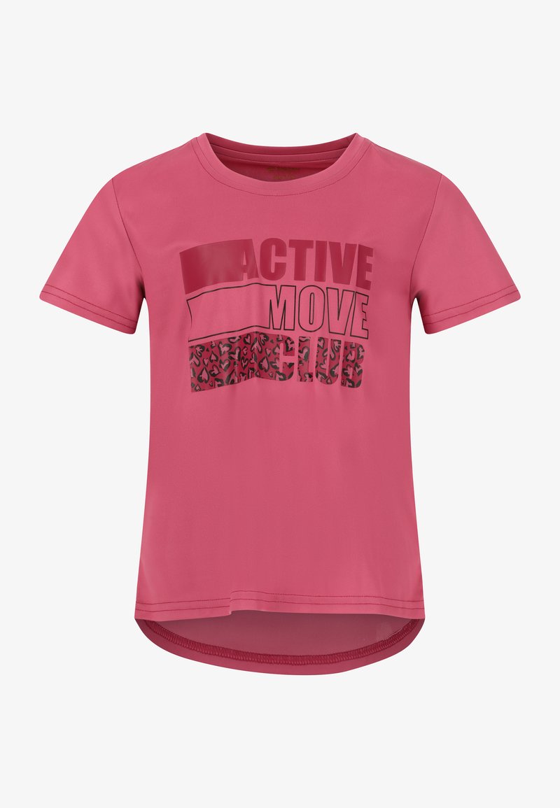 Roze sport t-shirt met korte mouwen, voorzien van een grafische print met de tekst "ACTIVE MOVE CLUB" en een luipaardpatroon aan de onderkant.