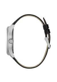Cassa dell'orologio in acciaio inox argento con cinturino in pelle nera e fibbia argentata. L'orologio ha un quadrante rettangolare con un design minimalista.
