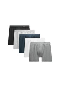 Penki poros šortukų boxer stiliaus juodos, pilkos, baltos ir mėlynos spalvų. Minkšta medvilnė su elastingais juosmenimis, turinčiais logotipo detalę.