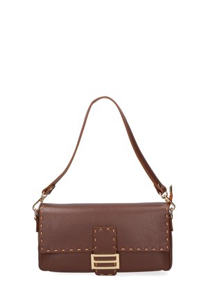 Brown leather clutch bag with a textured finish, featuring a gold-tone buckle closure and a thin adjustable shoulder strap.