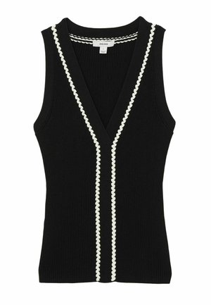 Zwarte geribbelde mouwloze top met een diepe V-hals, voorzien van witte geweven bies langs de halslijn en het midden, wat de structuur benadrukt.