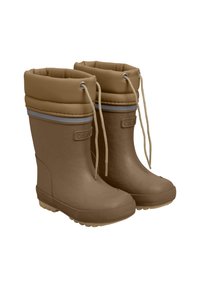Bottes en caoutchouc marron imperméables avec un col rembourré, une bande d'accent grise, un cordon de serrage ajustable et une semelle texturée pour une meilleure adhérence.