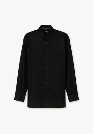 Schwarzes Langarmhemd aus glattem Stoff, mit durchgehender Knopfleiste, spitzen Kragen, einer einzelnen Brusttasche und dezentem Strukturmuster.