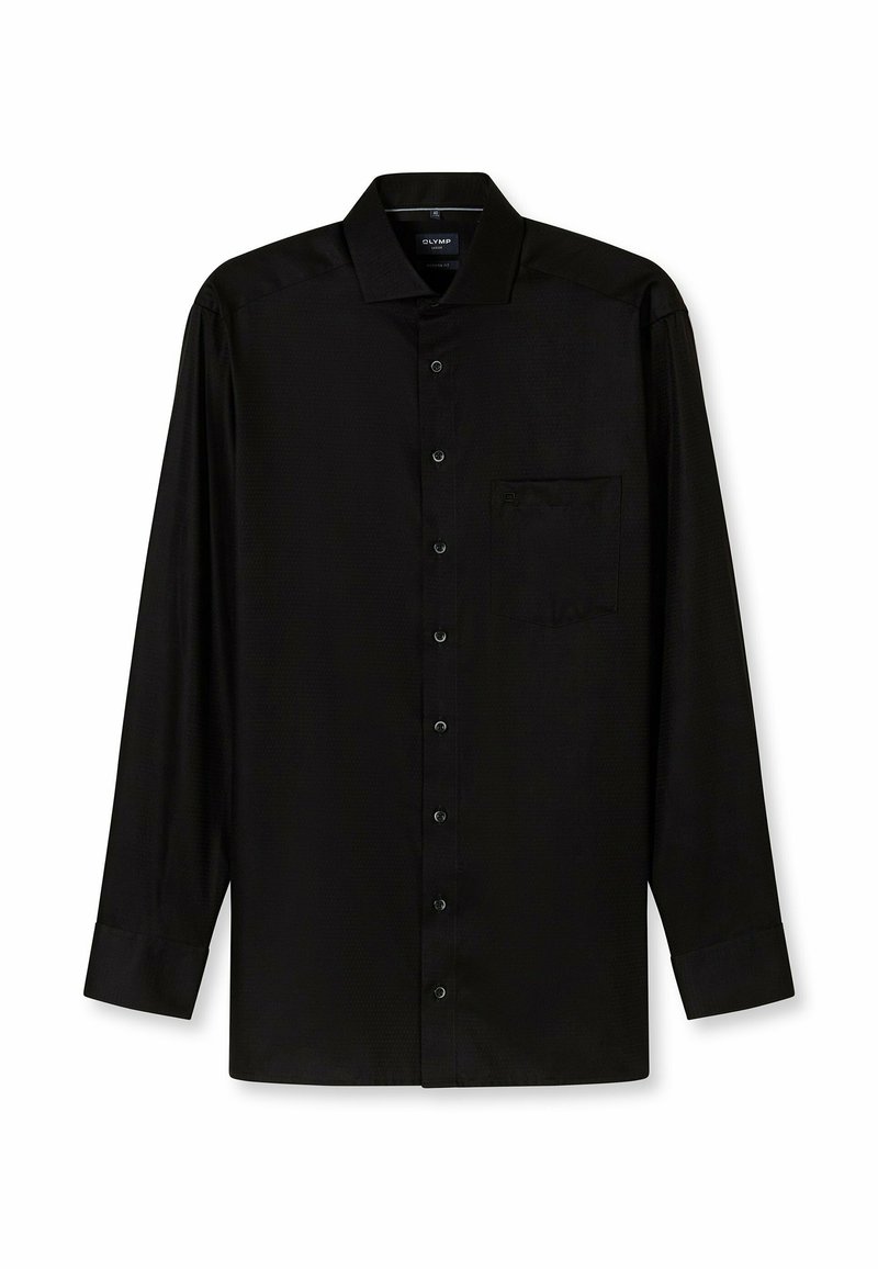 Schwarzes Langarmhemd aus glattem Stoff, mit durchgehender Knopfleiste, spitzen Kragen, einer einzelnen Brusttasche und dezentem Strukturmuster.