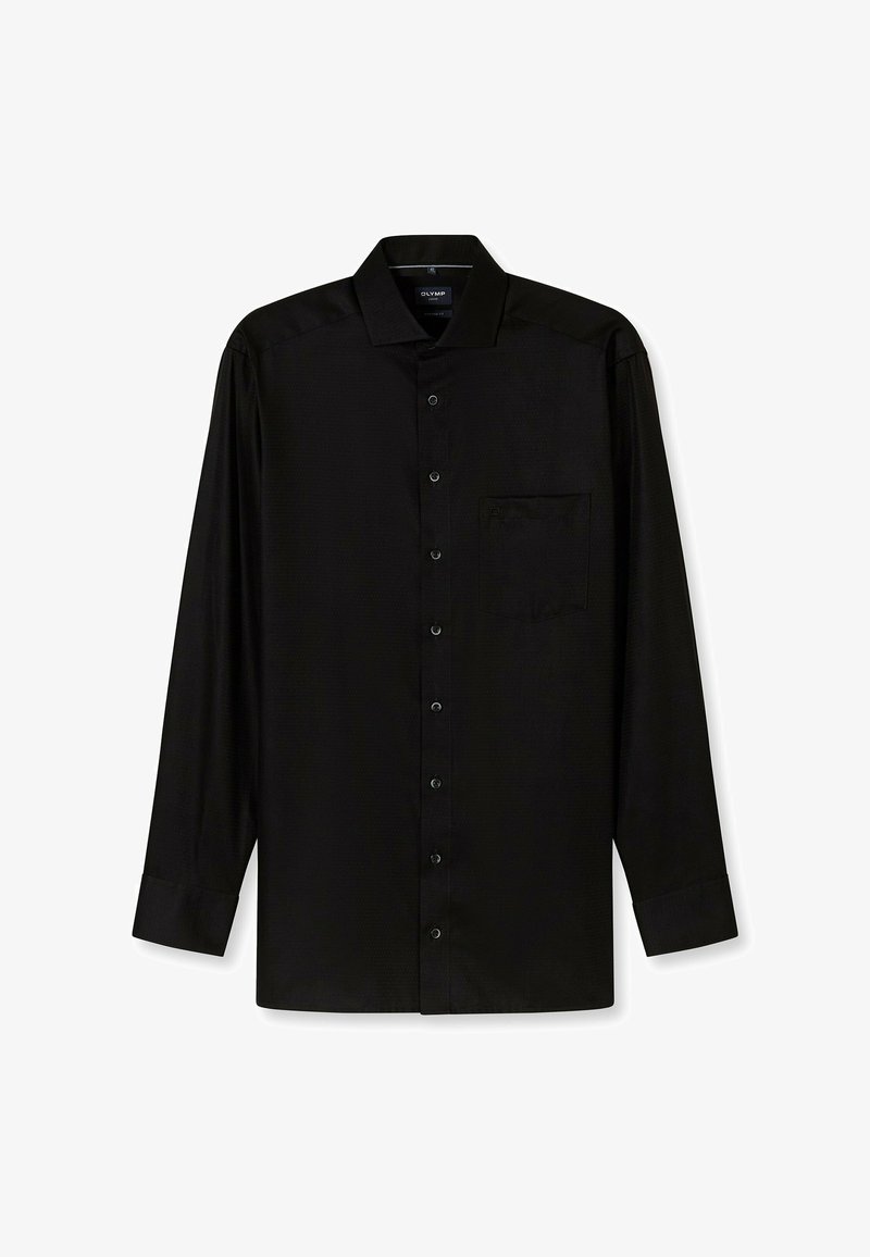 Schwarzes Langarmhemd aus glattem Stoff, mit durchgehender Knopfleiste, spitzen Kragen, einer einzelnen Brusttasche und dezentem Strukturmuster.