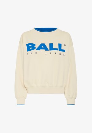 Krémová mikina s modrým logom "BALL" a textom "THE JEANS" v čiernej farbe, s rebrovanými manžetami a golierom v kontrastnej modrej farbe.