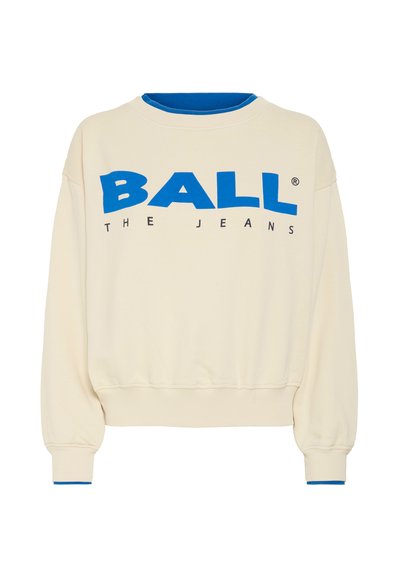 Sudadera crema con un logo azul de "BALL" y el texto "THE JEANS" en negro, con puños y cuello acanalados en un azul contrastante.