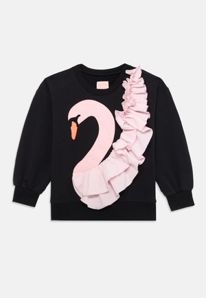 Black sweatshirt featuring a large pink swan graphic with a ruffled pink detail along one side. Long sleeves with gathered cuffs.