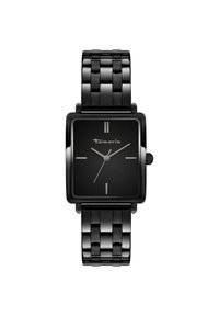 Sort firkantet ur med en blank finish, der har en mørk skive, tynde timemarkører og et linked bånd med skinnende led. 