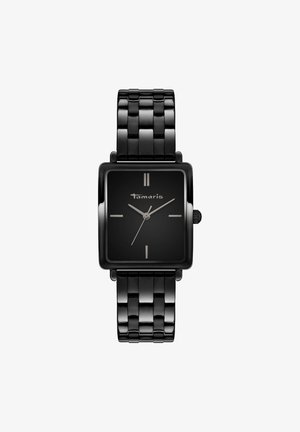 Zwarte vierkante horloge met een glanzende afwerking, voorzien van een donkere wijzerplaat, dunne uuraanduidingen en een band in schakelstijl met glanzende schakels.