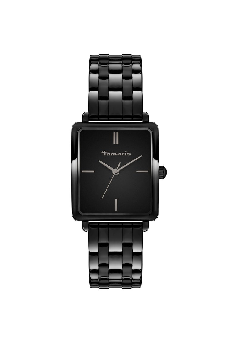 Sort firkantet ur med en blank finish, der har en mørk skive, tynde timemarkører og et linked bånd med skinnende led. 