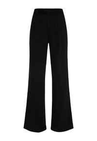 Pantalon large noir à taille haute, avec une texture lisse, des plis sur le devant et une finition d'ourlet soignée. Pas de matériel visible.