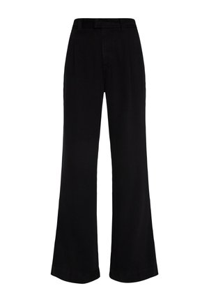 Pantaloni neri a gamba larga con vita alta, caratterizzati da una texture liscia, pieghe davanti e un orlo pulito. Senza hardware visibile.