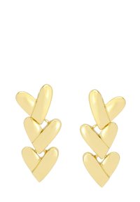 Gold heart-shaped earrings arranged in a linear pattern, featuring five hearts of varying sizes, with a shiny, smooth surface.