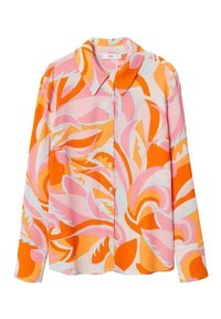 Camicia con bottoni in tessuto leggero con un motivo floreale astratto in rosa, arancione e bianco; presenta un colletto e maniche lunghe.
