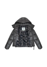 Grå pufferjakke med hætte, med en skinnende ydre. Indersiden har et sort camouflage mønster og et mærke i midten.