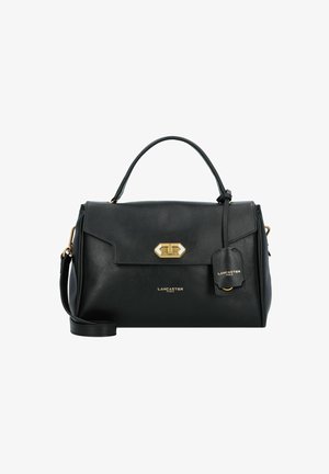 Sac à main en cuir noir au design structuré, doté d'une poignée supérieure, d'une bandoulière amovible, de quincaillerie dorée et d'un détail de logo.