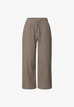 Luźne spodnie w kolorze taupe z teksturowanej tkaniny, z elastycznym pasem i sznurkiem z przodu.