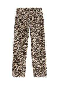 Pantalons à motifs léopard avec un fond beige et des taches noires, deux poches arrière et une coupe droite.