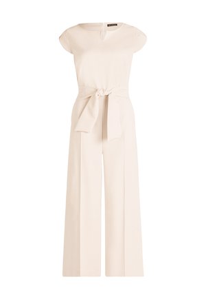 Cremefarbener Jumpsuit mit weitem Bein, kurzen Ärmeln, V-förmigem Ausschnitt und einem am Taillenband gebundenen Stoffgürtel.