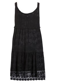 Vestido negro sin mangas con textura de encaje floral, corpiño ajustado, falda de niveles y dobladillo de encaje con forma de ola. Forrado para mayor opacidad.