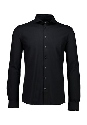 Svart långärmad skjorta tillverkad av slätt tyg. Har en spetsig krage, knappslå och manschetter med knappstängningar.