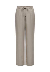 Pantaloni beige a vestibilità rilassata con vita elastica e cordino, gamba dritta e una texture del tessuto liscia.
