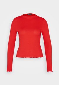 Czerwona, długozasłonięta bluzka z prążkowanej tkaniny o dopasowanym kroju, z falbaniastym dekoltem i dolnym brzegiem. Gładka tekstura z elastycznego materiału.