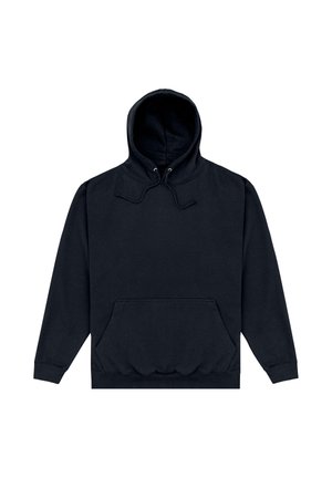 Zwarte katoenen hoodie met een trekkoord capuchon, een voorzak in kangoeroe-stijl, ribbelmanchetten en -zoom, en een zachte textuur. Klassiek pulloverontwerp.