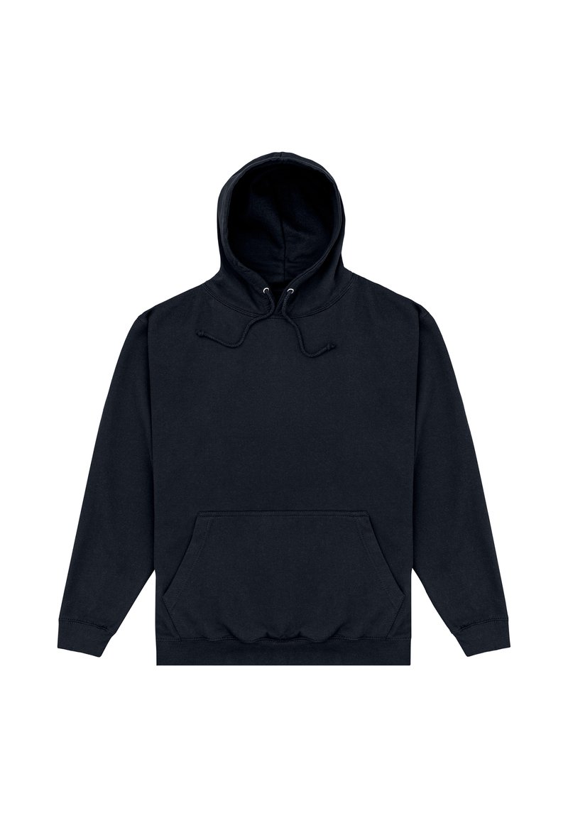 Czarny bawełniany hoodie z kapturem na sznurek, przednia kieszeń kangurza, ściągacze przy mankietach i u dołu oraz miękka struktura. Klasyczny design przez głowę.