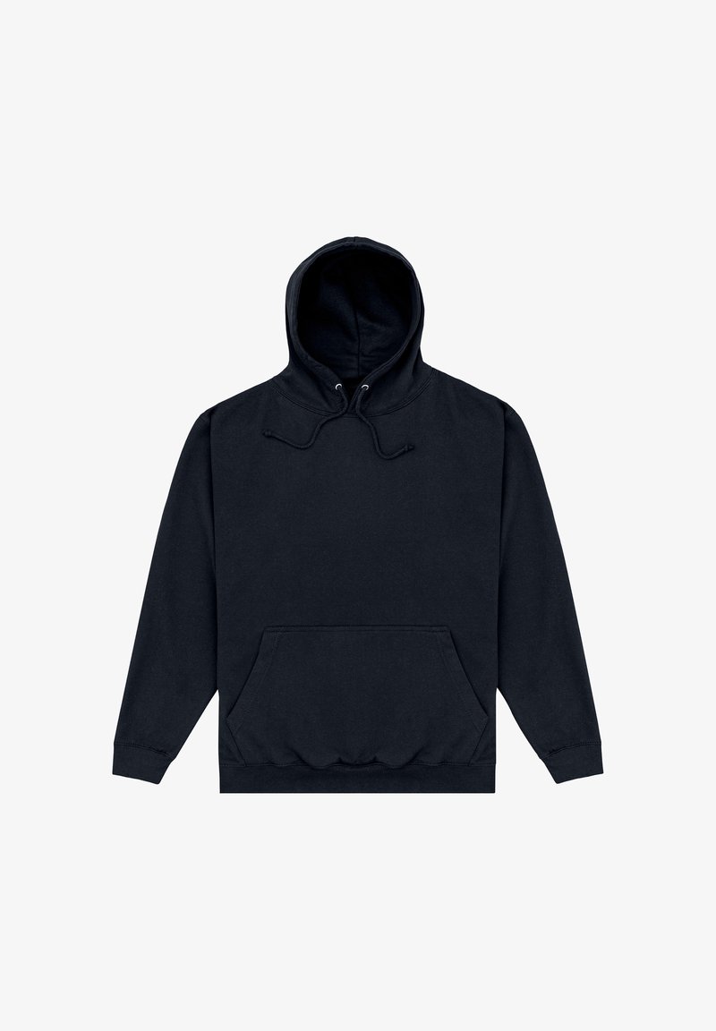 Sudadera de algodón negra con capucha ajustable, bolsillo canguro en la parte delantera, puños y dobladillo acanalados, y textura suave. Diseño clásico de tipo pullover.