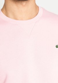 Felpa rosa chiaro in cotone, con scollo rotondo, polsini a costine e un piccolo logo verde sul petto. Tessuto liscio.