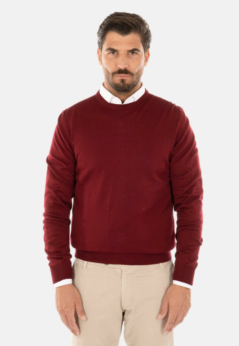 Pullover bordeaux a girocollo realizzato in tessuto a maglia, con maniche lunghe e polsini a coste. Abbinato a pantaloni beige chiari.