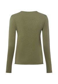 Olivgrünes Langarmshirt, gerippte Textur, runder Ausschnitt, nahtlose Schultern, weicher Stoff, figurbetontes Design, einfache und klare Konstruktion.