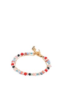 Beaded zapestnica, ki vsebuje mešanico rdečih, modrih, zelenih in črnih perlic na verigi z zlatim tonom, z zaskočno spono in dekorativnim obeskom.