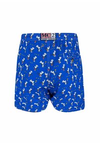 Boxer blu con una stampa che copre l'intera superficie di cuochi dei cartoni animati e stelle. Presentano un elastico in vita e una tasca posteriore con chiusura a bottone.