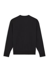 Sweat-shirt noir à manches longues avec col ras-du-cou, design uni, poignets et ourlet côtelés, présenté à plat avec le dos vers le haut sur fond blanc.