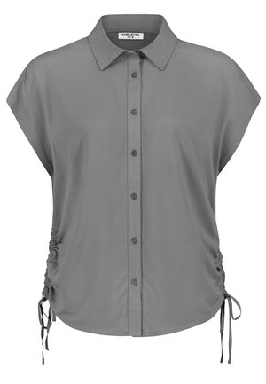 Gray short-sleeve button-up blouse with a collar, featuring gathered sides with ties, and smooth, lightweight fabric.