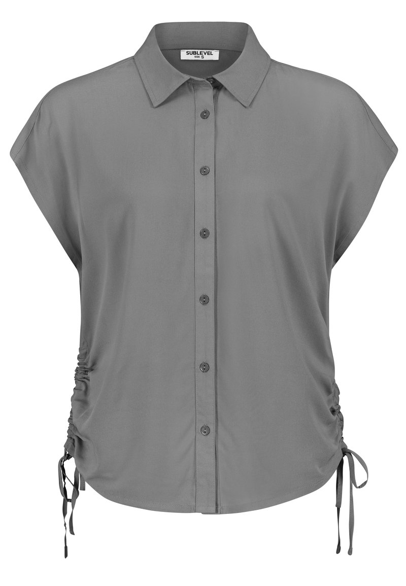 Gray short-sleeve button-up blouse with a collar, featuring gathered sides with ties, and smooth, lightweight fabric.